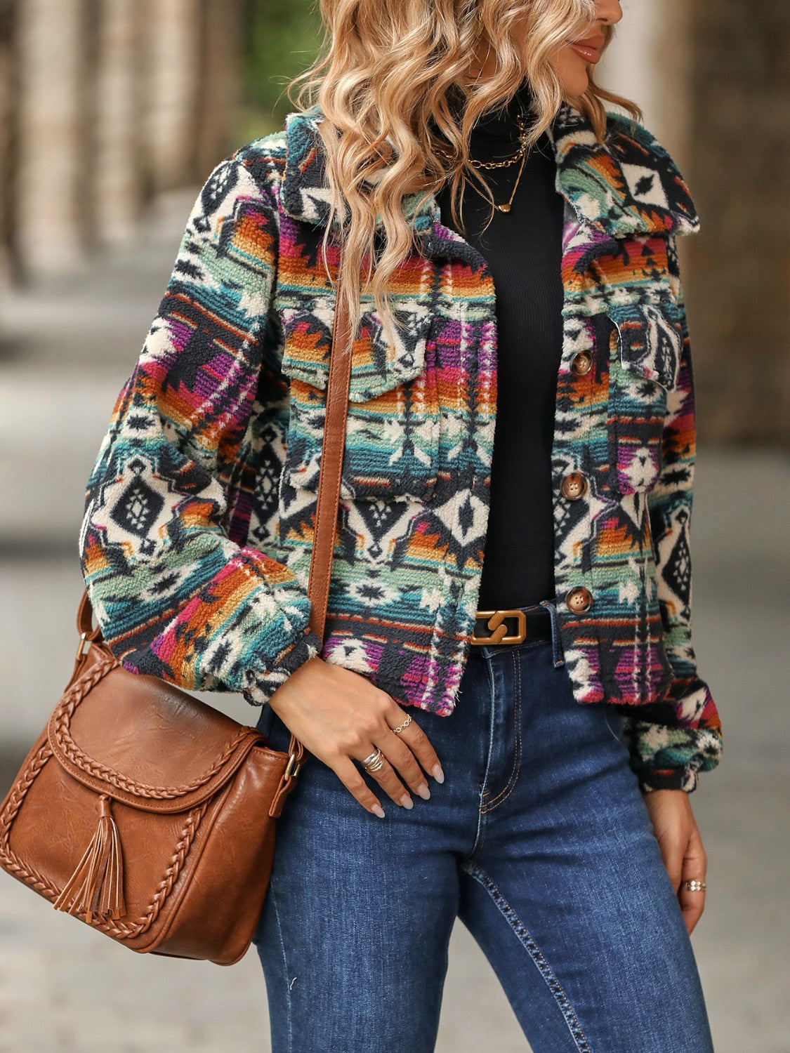 Multicolor Geometric Art Jacket with  Dropped Shoulder Balloon Sleeves