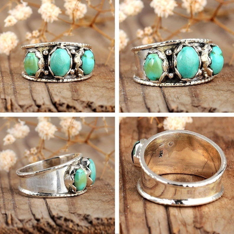 Retro Bohemian Style Silver Turquois Dome Ring.