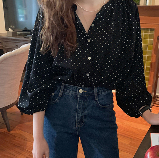 Retro Glamour Dot Pattern Puff Sleeves Shirt