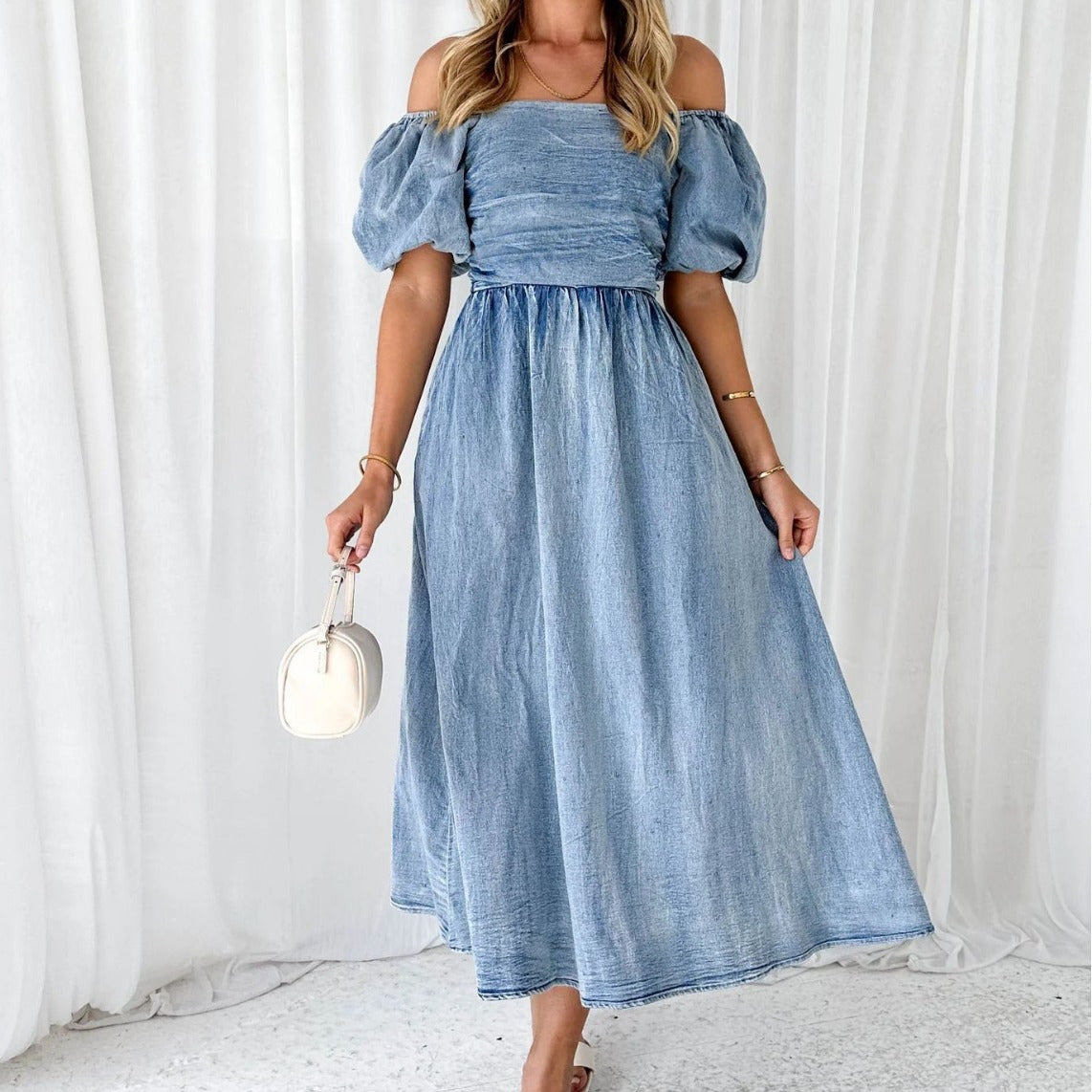 Denim Waist-tight Long Dress with Puff Sleeve