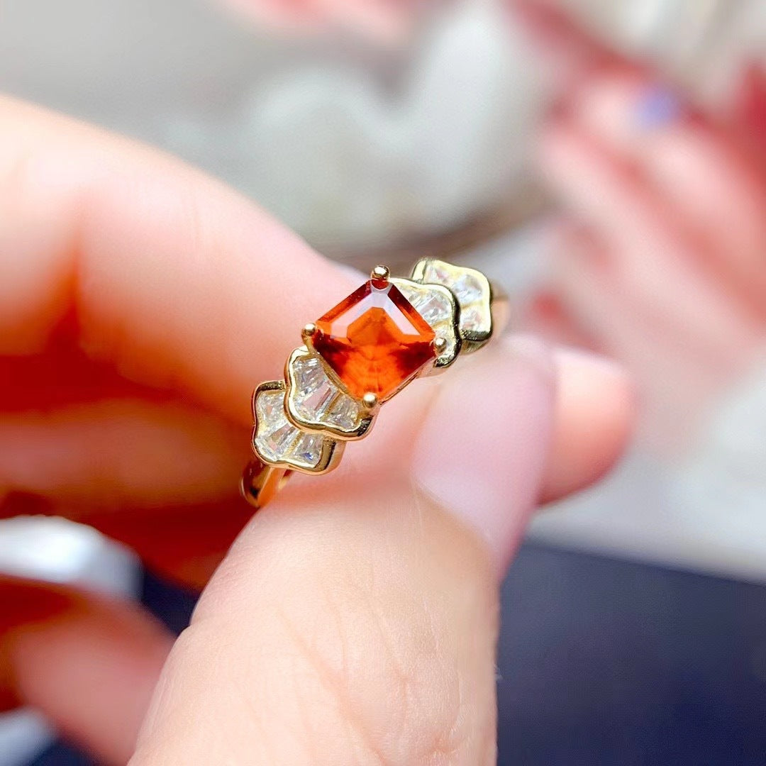 925 Silver Inlaid Natural Amber Gemstone Ring - Adjustable Size.