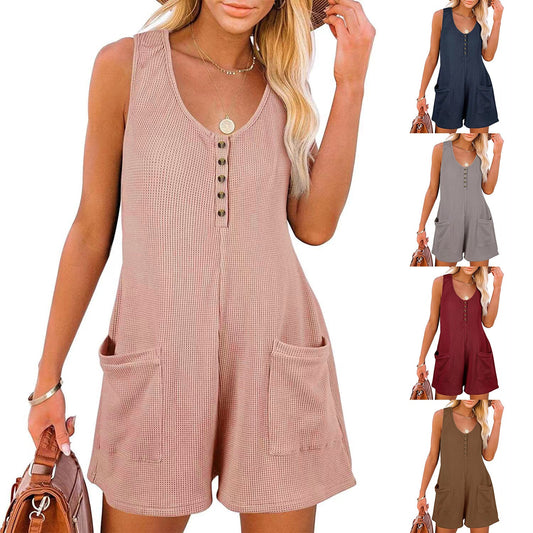 Waffle Button Jumpsuit Straight Shorts With Pockets