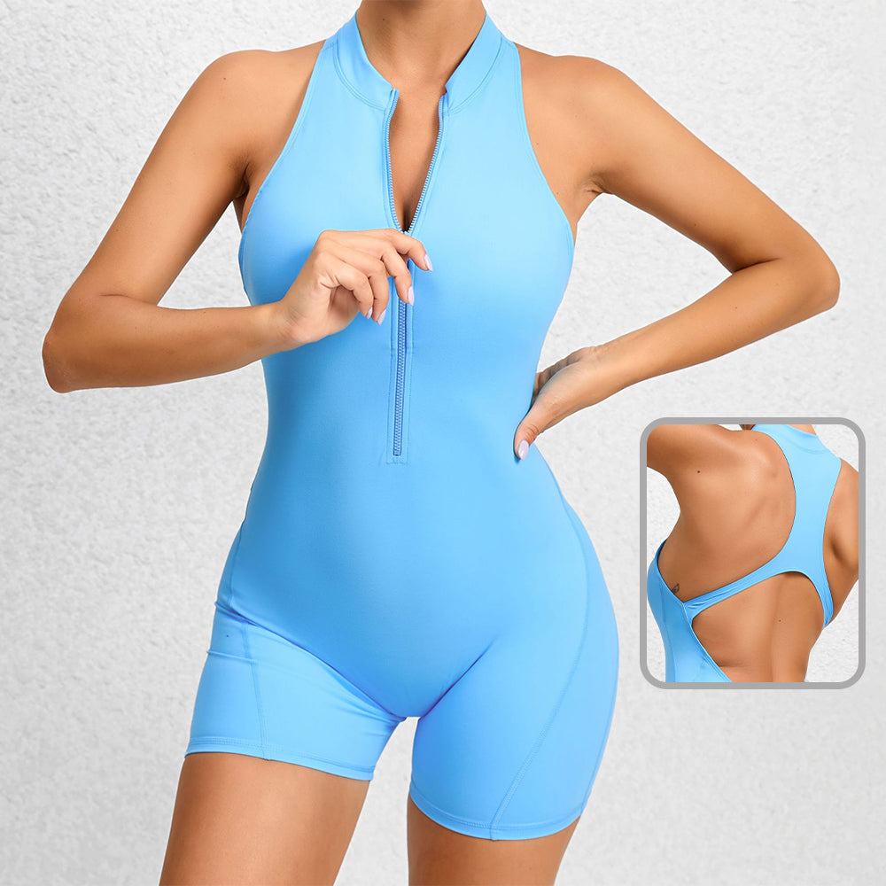 Modern Zippered Fitness Sleeveless Jumpsuit w/ Tummy Control & Stretch Shape-Wear, Butt Lifting Technology