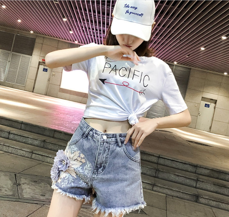 3D Flowers Embroidery High Waist Denim Shorts