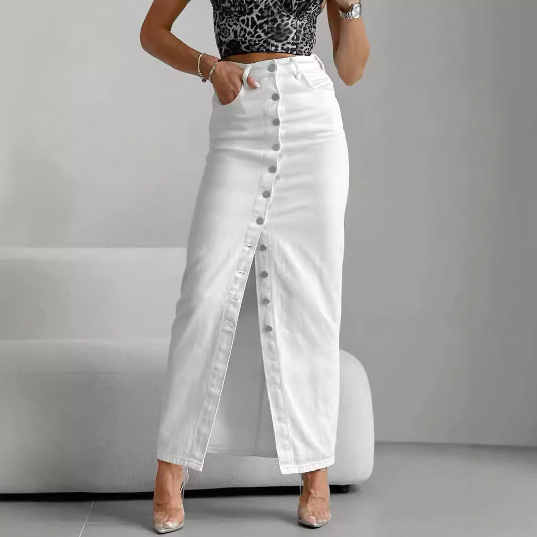 White Denim  High Waist Slim Fit Buttoned Half-Length Casual Skirt