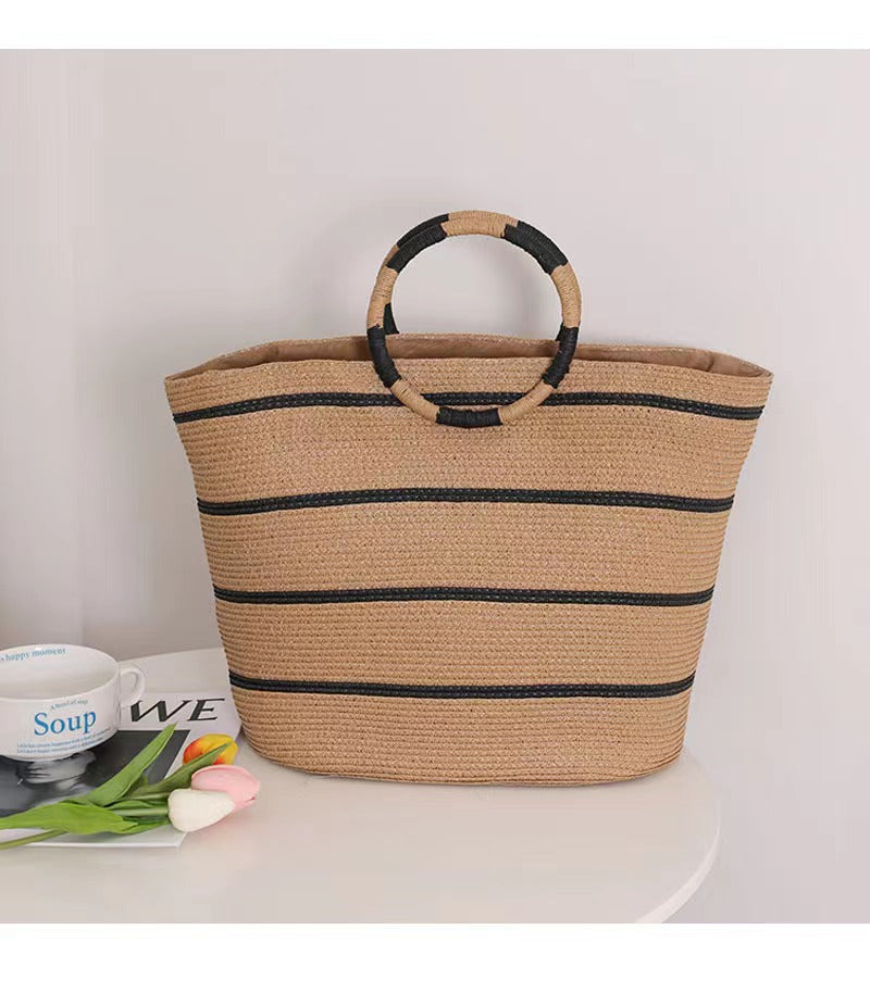 Large Capacity Round Handle Woven Summer Beach Bag