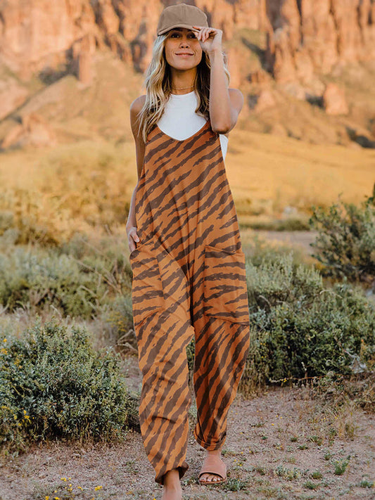 Animal Print Full Size Printed V-Neck Sleeveless Jumpsuit