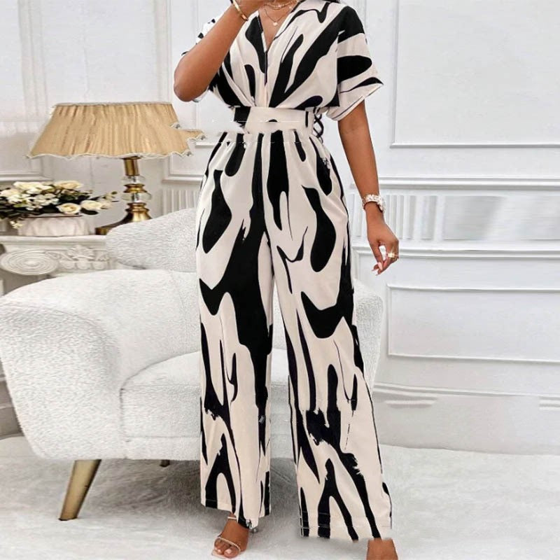 Bold Print V-neck Loose Printed Long Jumpsuit