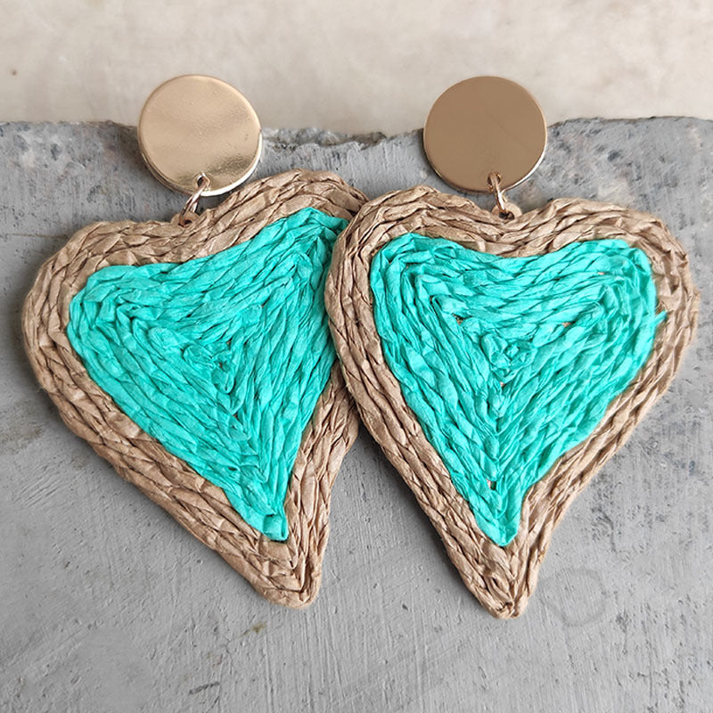Raffia Grass Heart Shaped Teardrop Earrings.