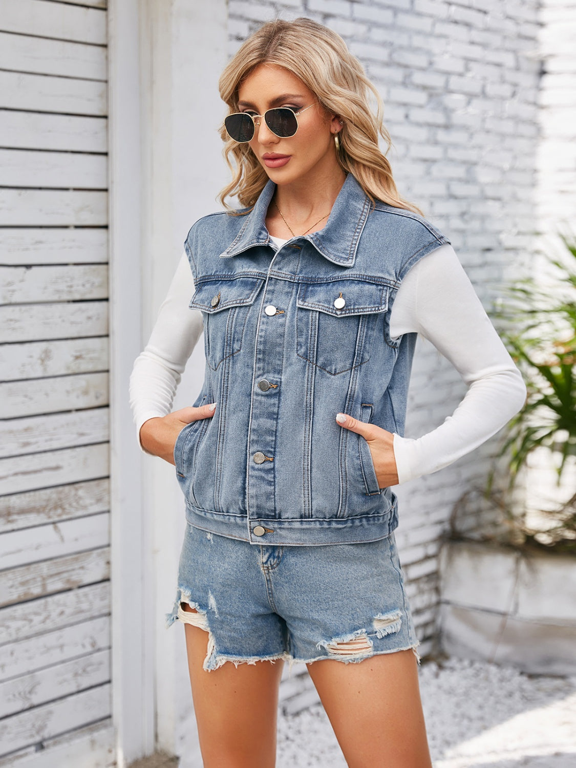 Button Up Cap Sleeve Denim Jacket with Shorts