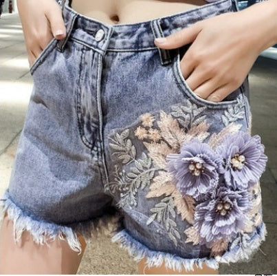 3D Flowers Embroidery High Waist Denim Shorts