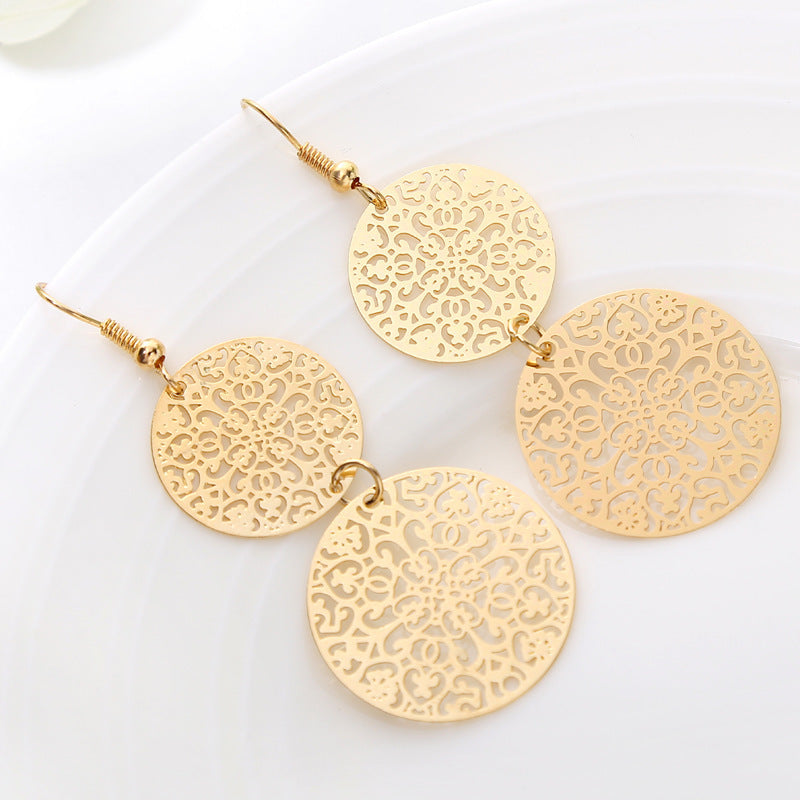 Round Pattern Drop Dangle Earrings Gold Overlay.
