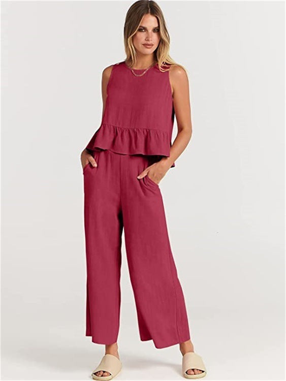 Summer Sleeveless Top Wide-leg Cropped Pants Two Piece Sets