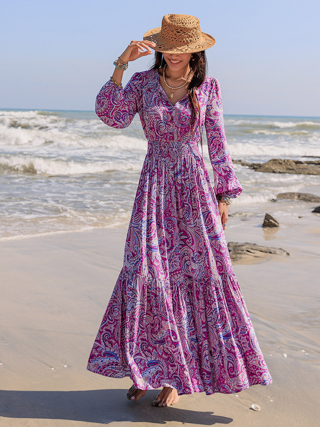 Abstract Purple Printed Balloon Maxi Dress with & Long  Sleeves