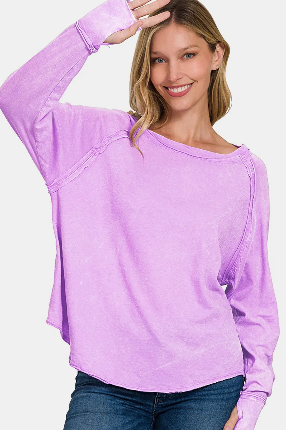 Lavender  Round Neck Thumbhole Long Sleeve T-Shirt