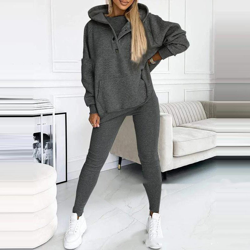 Sporty 3-Piece Suit w/ Loose Hooded Pockets Sweatshirt, Tank Top & Slim Trousers