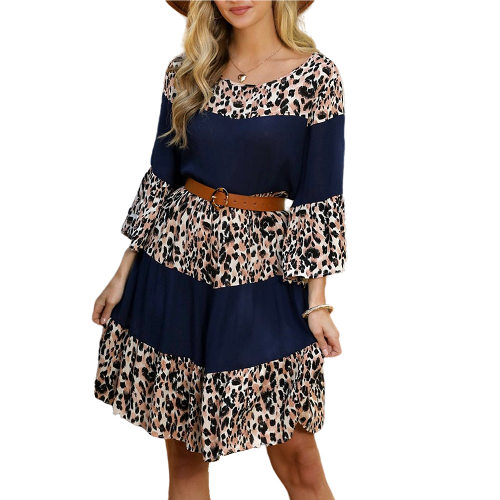 Printed Round Neck Pullover Bell Sleeve Dress