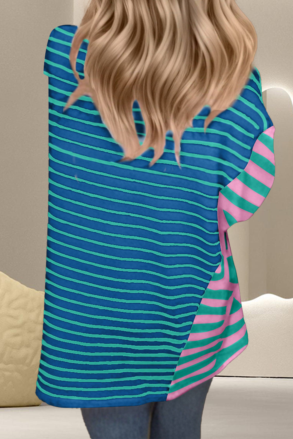 Cerulean Striped Round Neck Half Sleeve T-Shirt Top