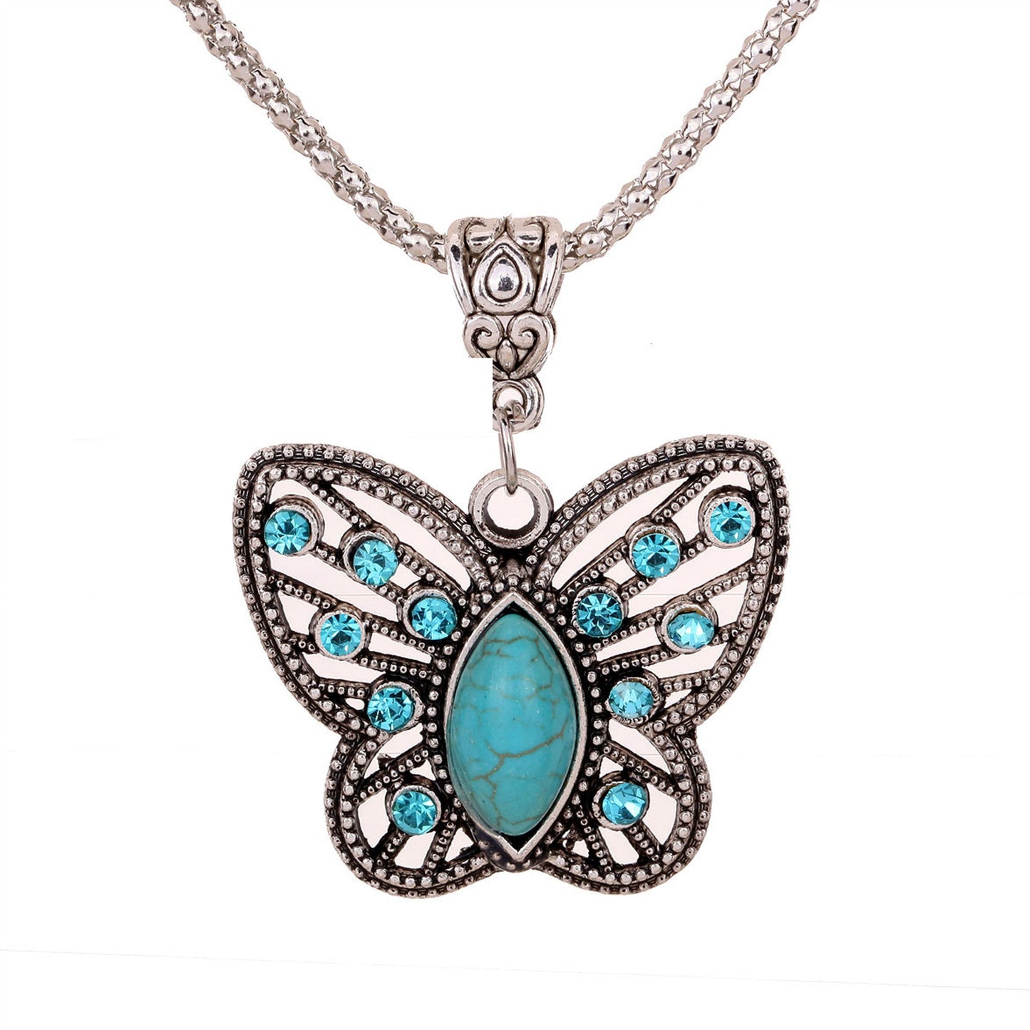 Boho Turquois Crystal Butterfly Necklace and Earrings Set