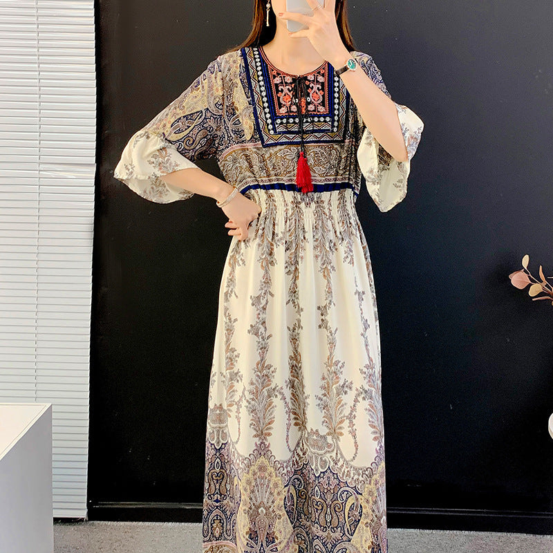 Artsy Crew Neck Ruffle Half Sleeve Silky Dress