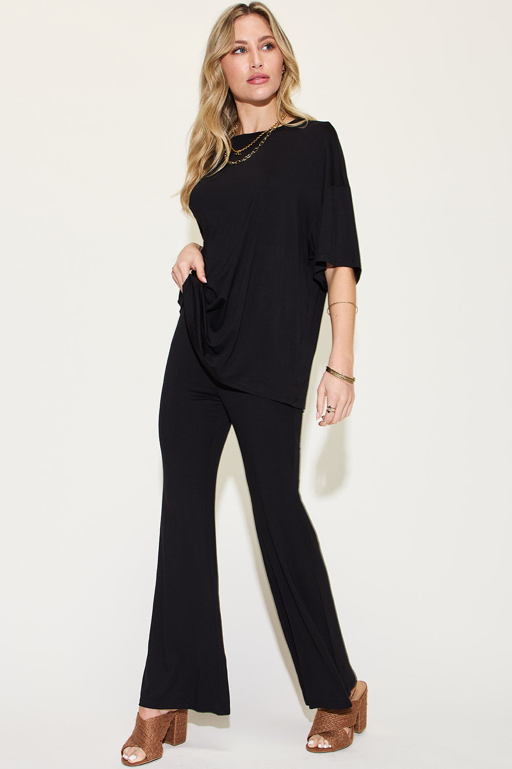 Bold Lady Drop Shoulder T-Shirt and Flare Pants Set