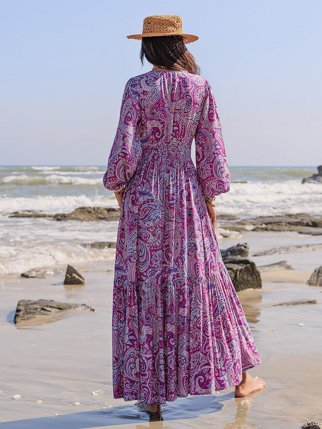 Abstract Purple Printed Balloon Maxi Dress with & Long  Sleeves