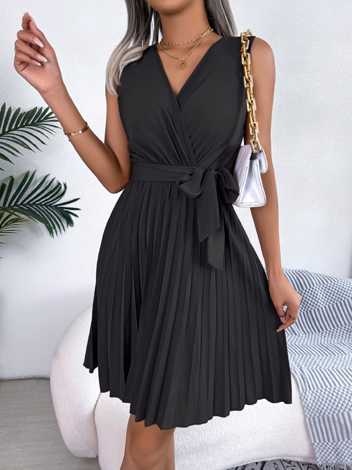 Radiant Surplice Pleated Sleeveless Midi Dress