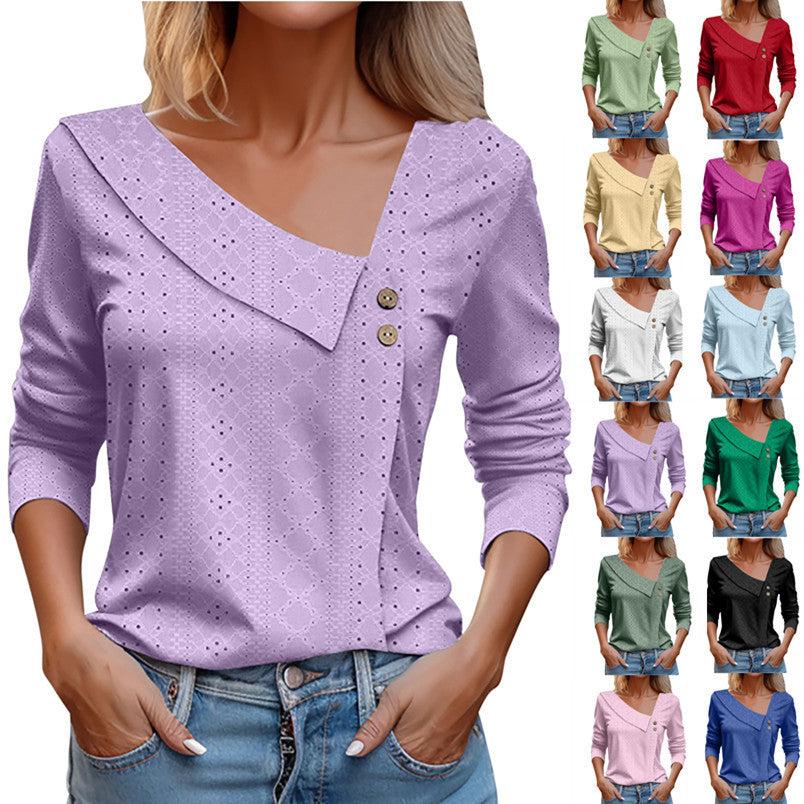 Summer New V-neck Button Long-Sleeved  Top