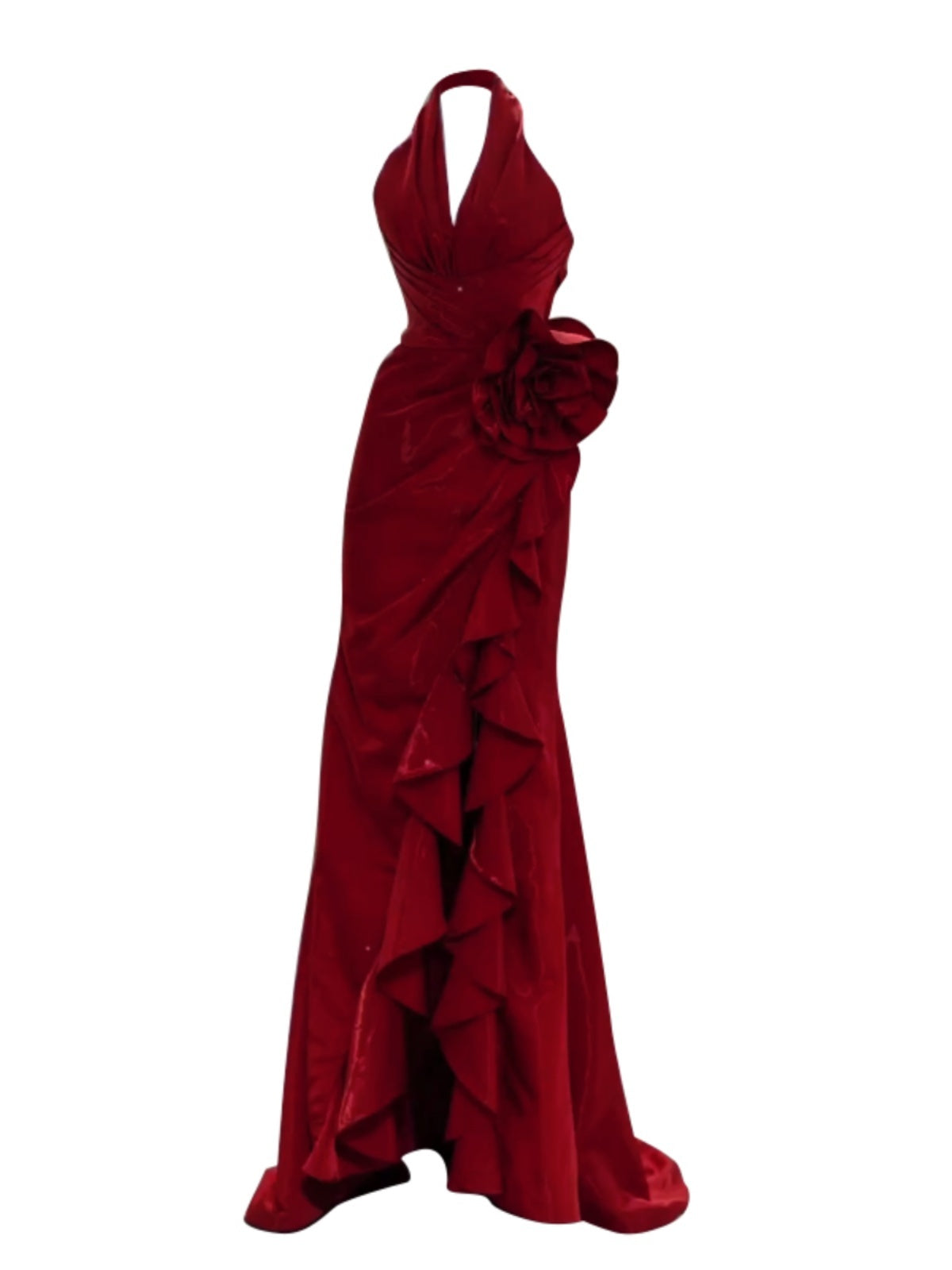 Silk Wine Red Elegant Halter  Dress