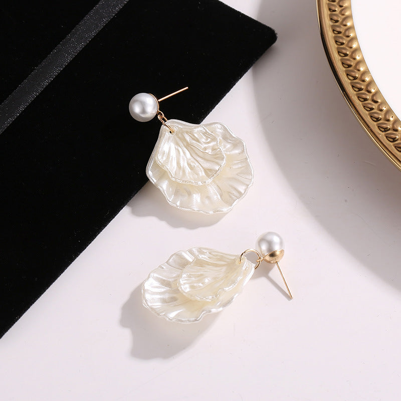 Pearl Seashell  Boho Post Drop Earrings.