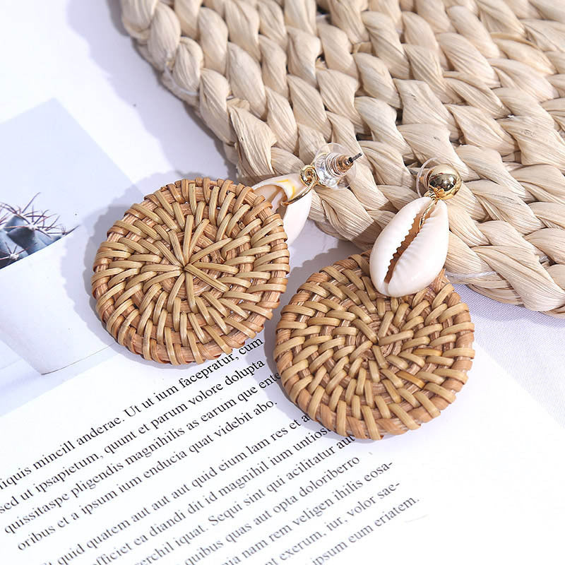 Handmade Boho Round Shell Rattan Woven Earrings.