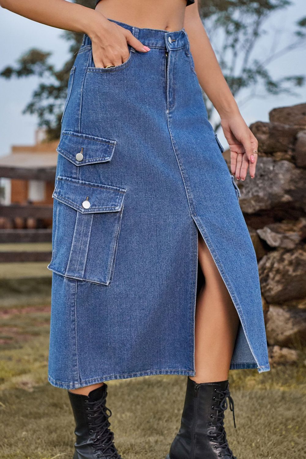 Free Spirit Slit Front Midi Denim Skirt