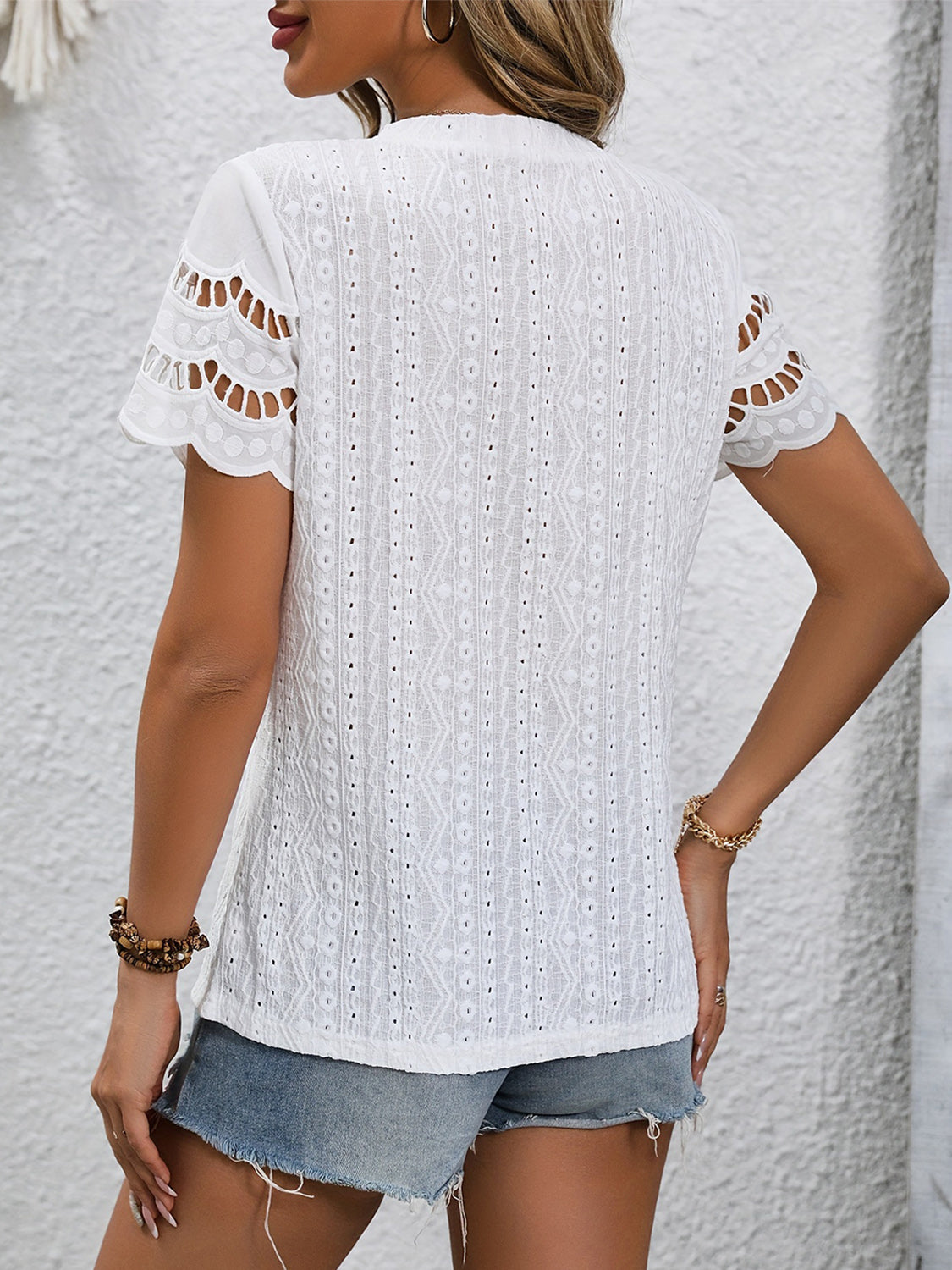 Eyelet Embriodery Round Neck Short Sleeve Top