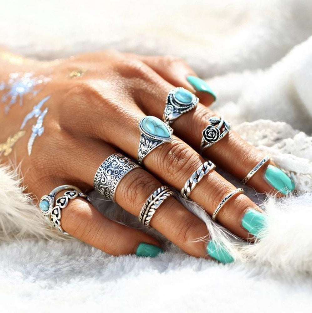 Boho Turquoise Joint Combination Rings - 10 Piece Set.