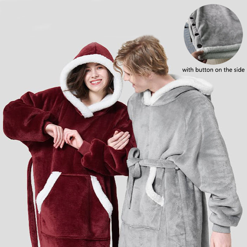 Winter Hoodie Fleece Robe With Button Design Oversized Pullover