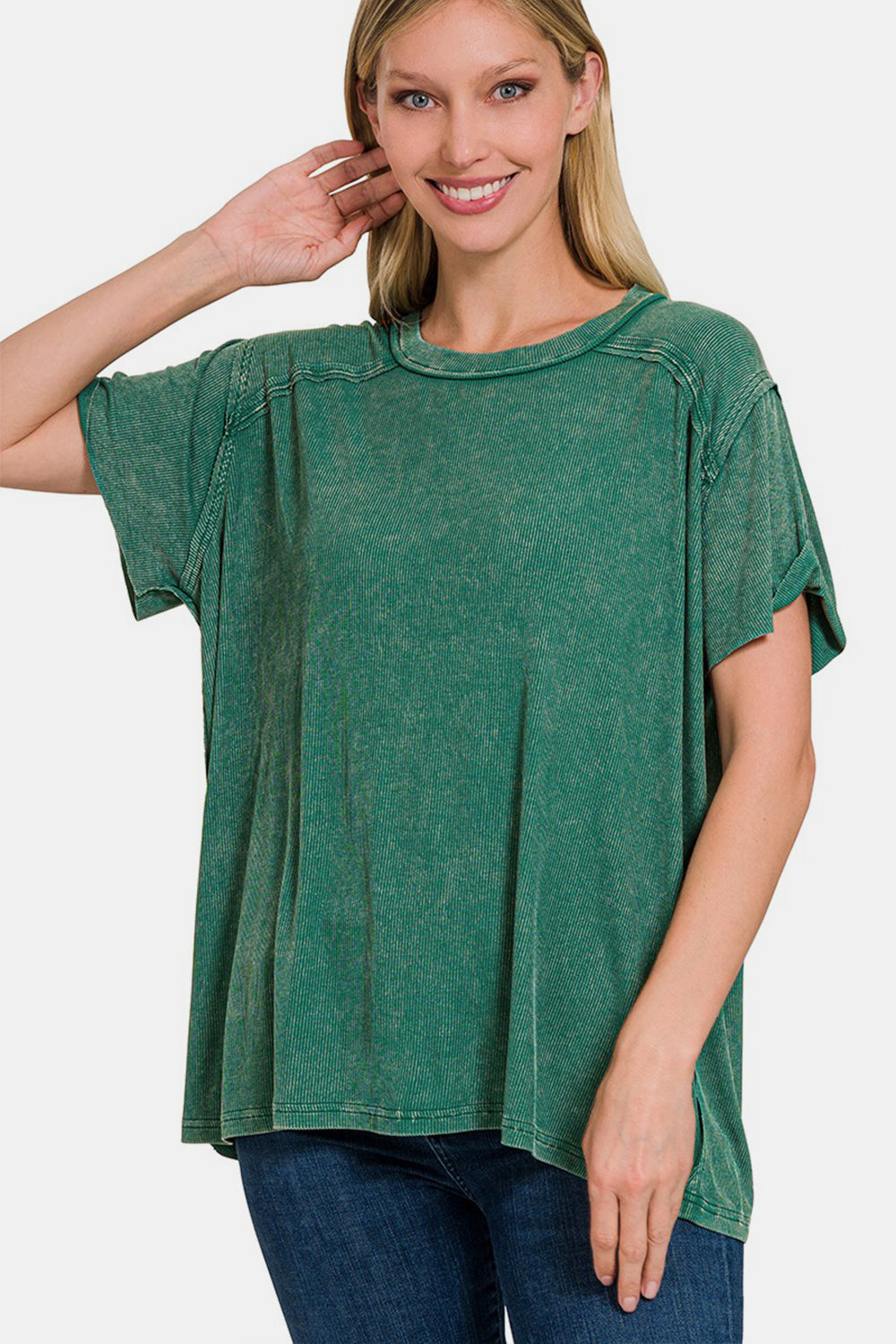 Green Washed Ribbed Top with  Short Sleeve