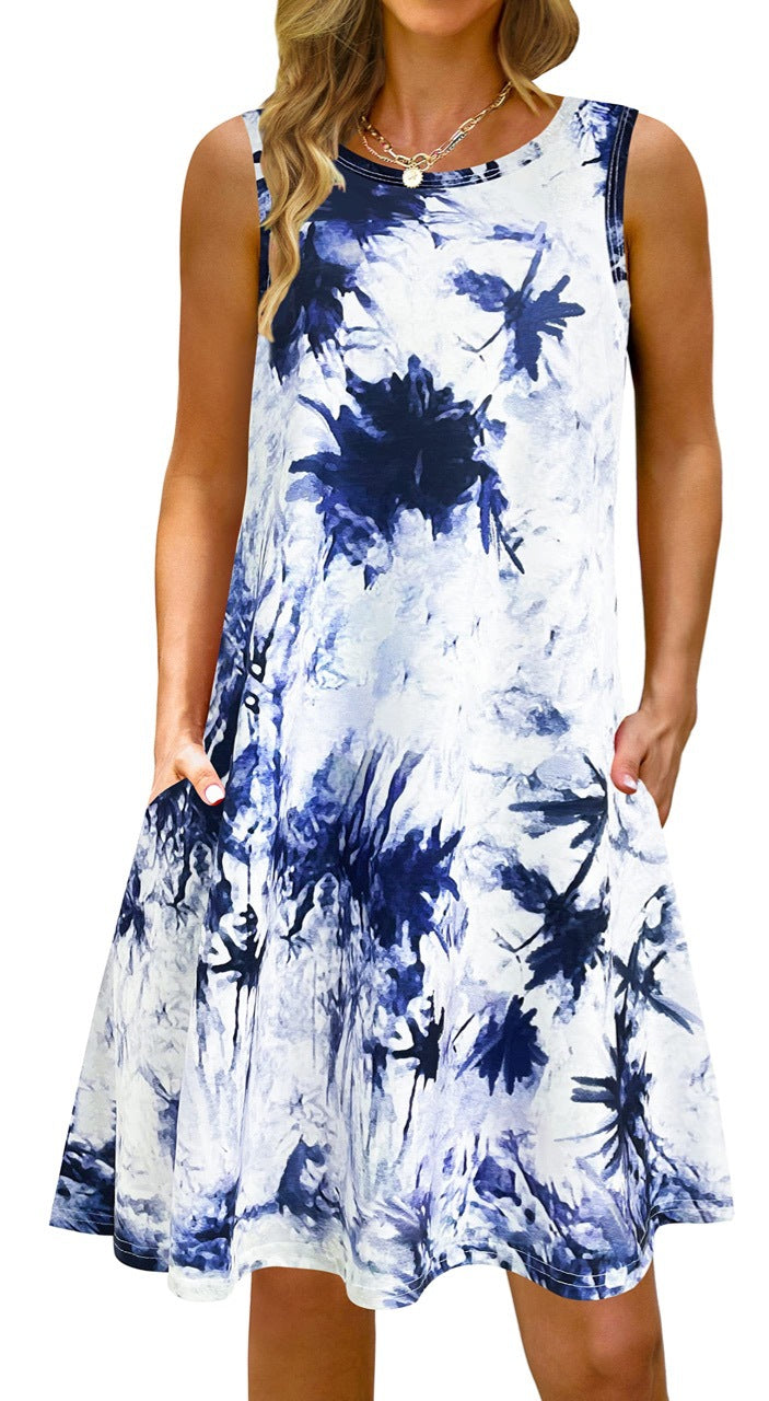 Printed Vest Pocket Dress Women