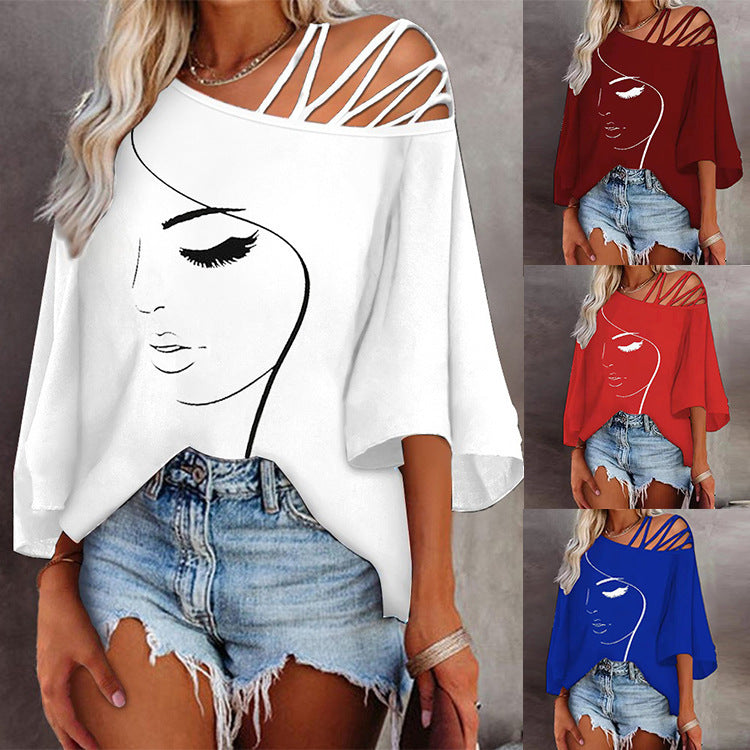 Feminine Face Print Off Shoulder Loose Casual Top