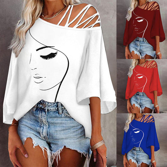 Feminine Face Print Off Shoulder Loose Casual Top