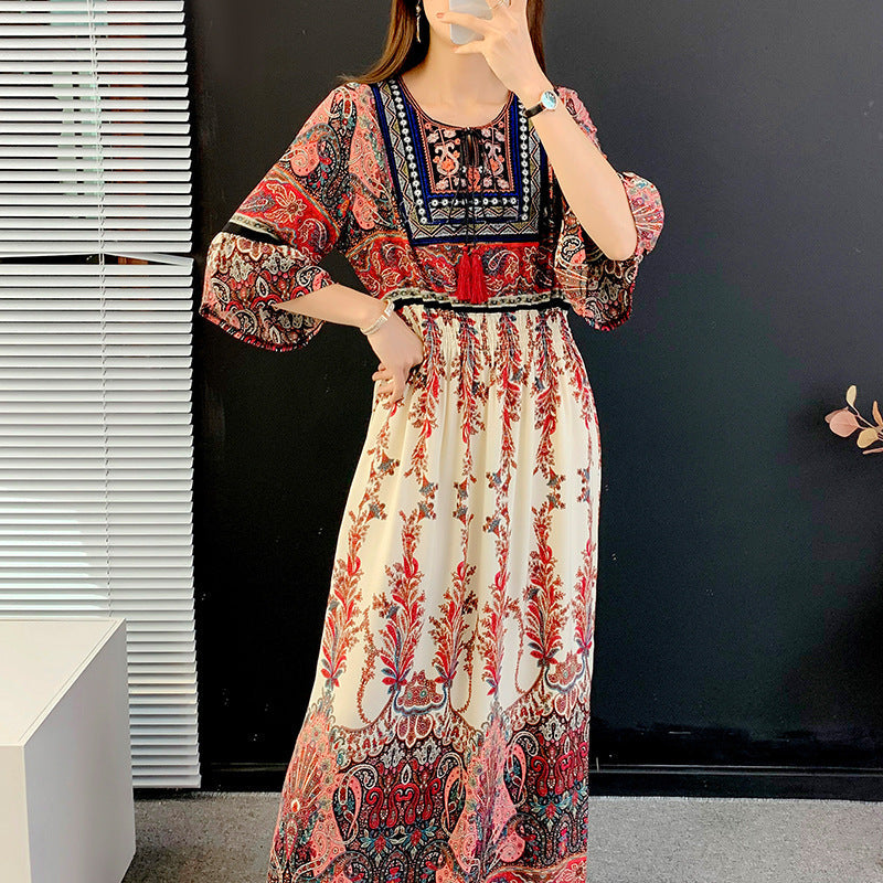 Artsy Crew Neck Ruffle Half Sleeve Silky Dress