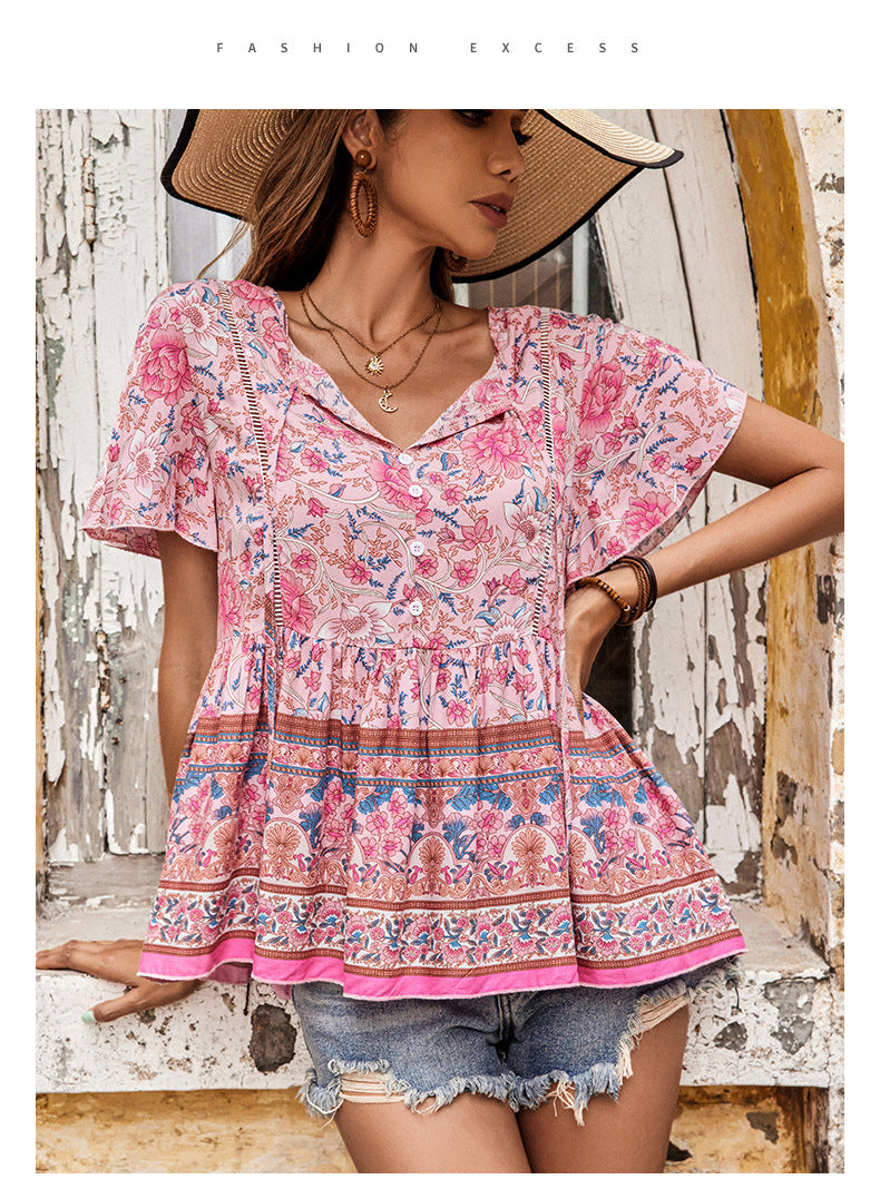 Summer Pink Floral Cotton Printed Short w/ Seeved