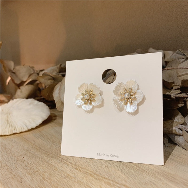Handmade White Shell Flower Petal Earrings.