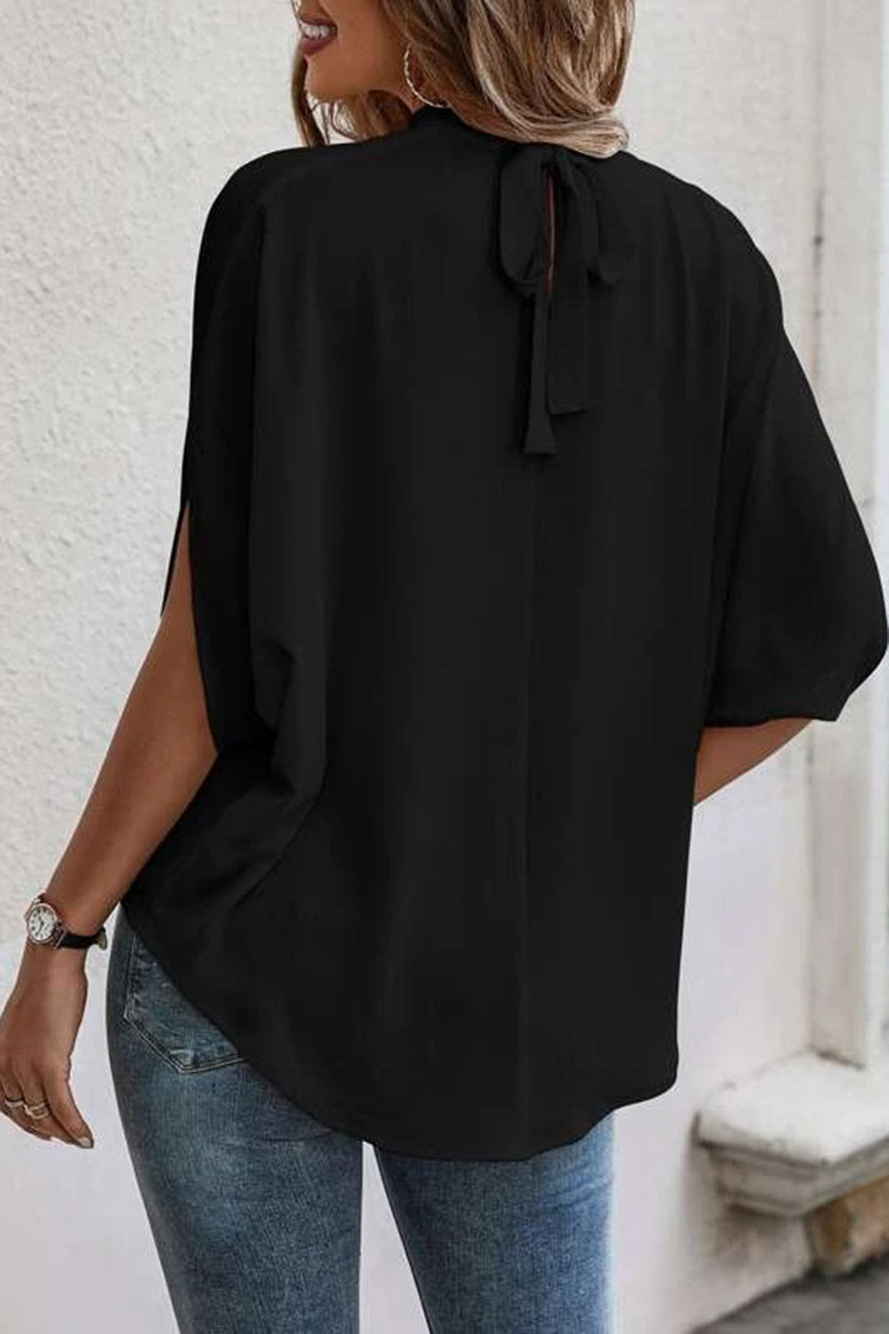 Classy Back-Tie Slit Half Sleeve Top