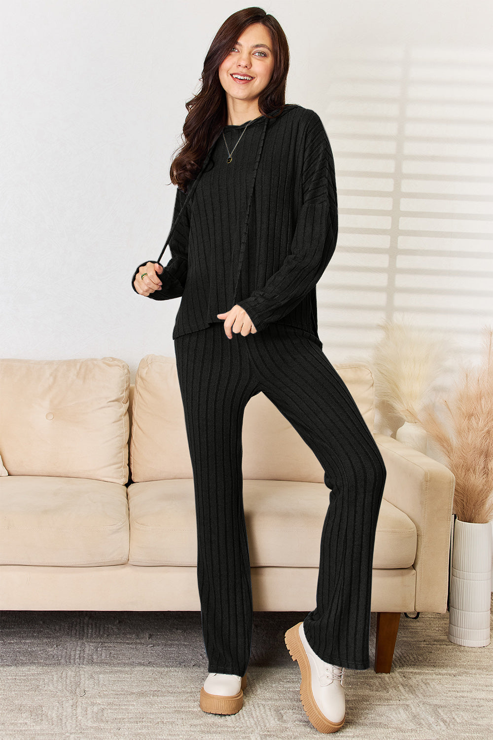 Lounge Essential Ribbed Hooded Top and Straight Pants Set