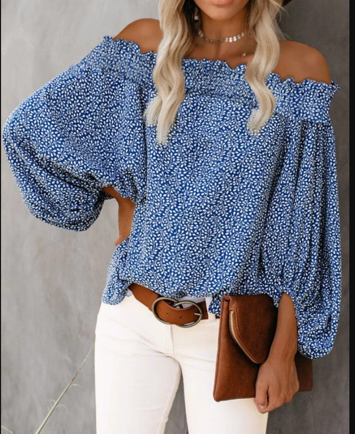 Floral Print  Off-The-Shoulder Blouse  Lantern Sleeve