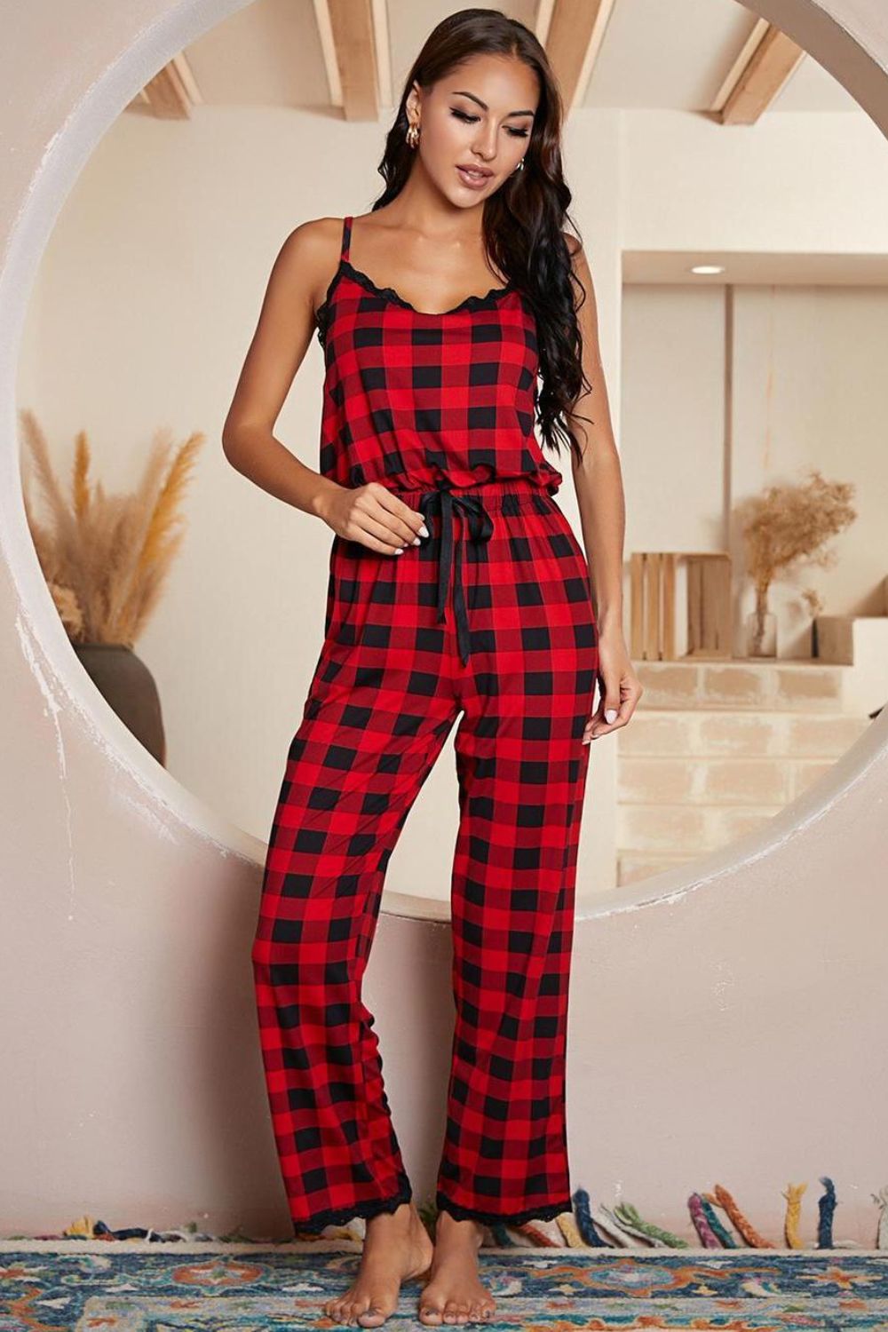 Christmas Plaid Lace Trim Spaghetti Strap Jumpsuit