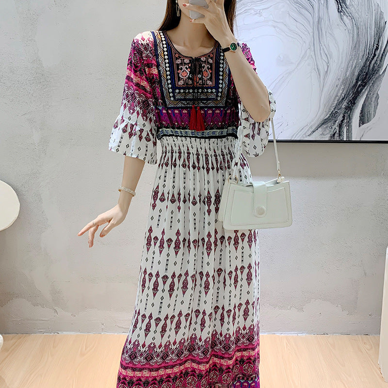 Artsy Crew Neck Ruffle Half Sleeve Silky Dress