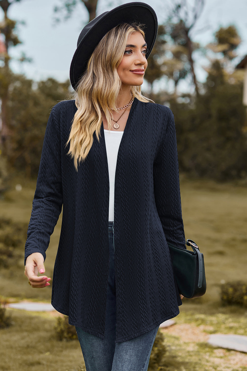 Classic Design Textured Open Front Long Sleeve Cardigan
