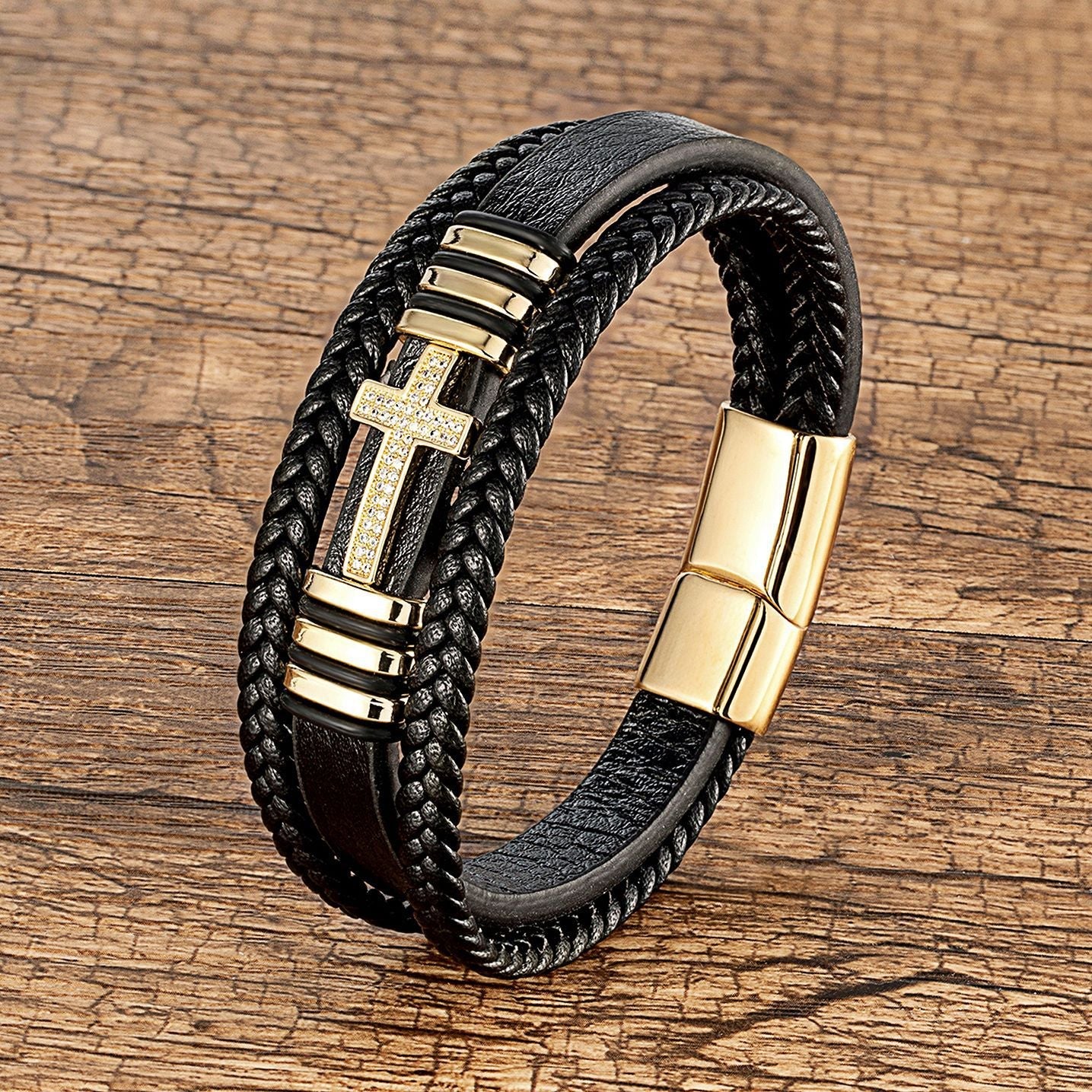 Metal Cross Multi-layer Braided Leather Bracelet with Secure Metal Clasp.