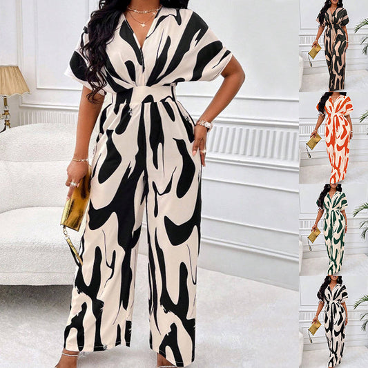 Bold Print V-neck Loose Printed Long Jumpsuit